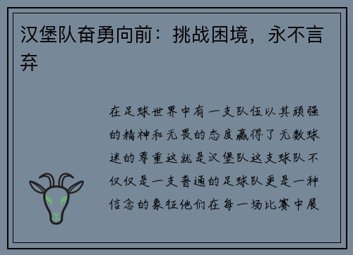 汉堡队奋勇向前：挑战困境，永不言弃