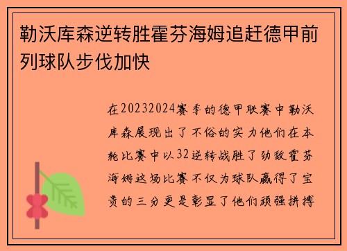 勒沃库森逆转胜霍芬海姆追赶德甲前列球队步伐加快