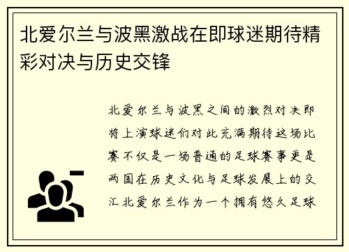 北爱尔兰与波黑激战在即球迷期待精彩对决与历史交锋