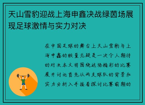 天山雪豹迎战上海申鑫决战绿茵场展现足球激情与实力对决