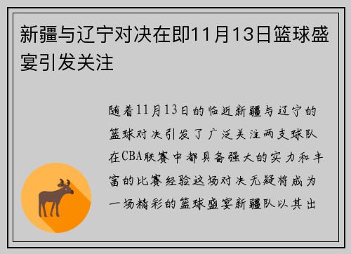 新疆与辽宁对决在即11月13日篮球盛宴引发关注