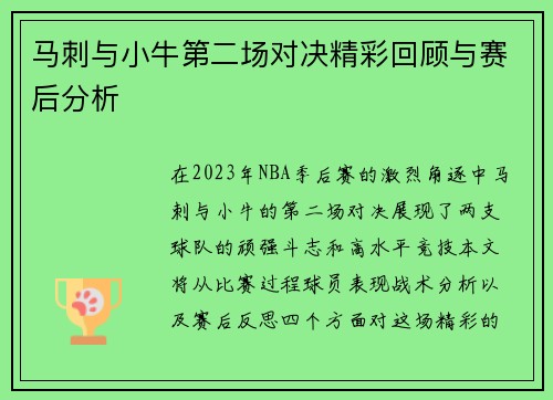 马刺与小牛第二场对决精彩回顾与赛后分析