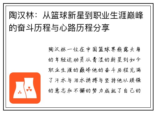 陶汉林：从篮球新星到职业生涯巅峰的奋斗历程与心路历程分享