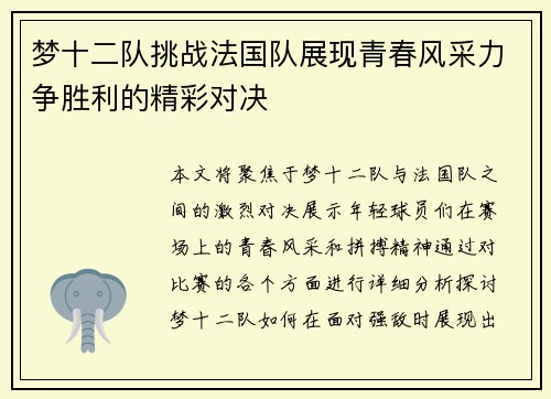 梦十二队挑战法国队展现青春风采力争胜利的精彩对决